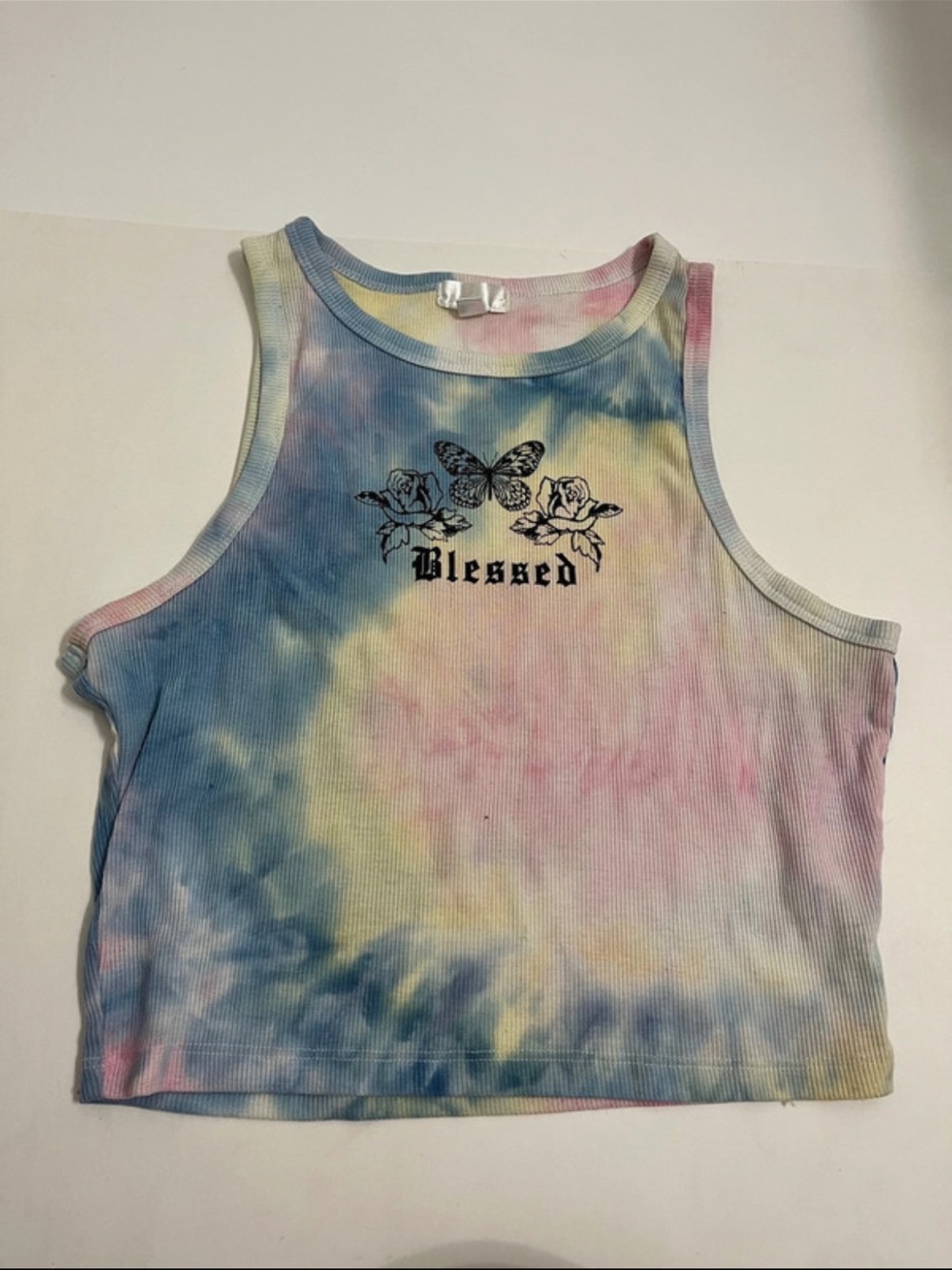 Tie-Dye 'Blessed' Butterfly Crop Tank Top